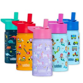 Wildkin - Botella de agua reutilizable de acero inoxidable sin BPA con tapa a prueba de fugas para niños y niñas, aislada, duradera y fácil de limpiar para niños pequeños (14 onzas, unicornio)