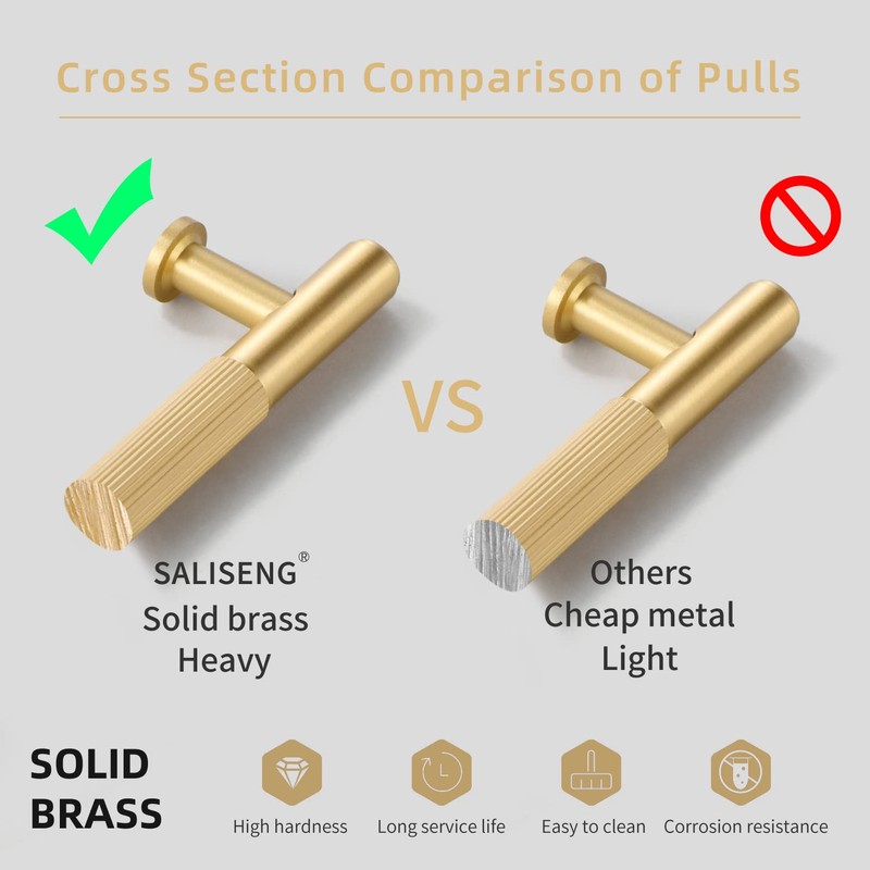 SALISENG-2 Pack Brushed Gold Cabinet Pulls,Solid Brass Dresser Drawer Handles,