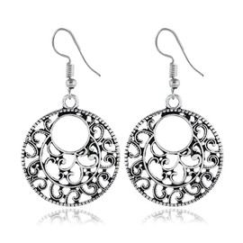 KaFu Bohemian Vintage Handmade Lightweight Silver Hollow Dangle Drop Earrings Gypsy Lightweight Filigree Disc Charm Ethnic Tribal Hoop Earrings for Women (silver)