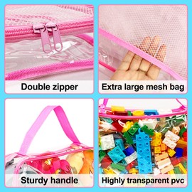 Toy Zippered Blocks Set Storage Bags for Kids - 4PC Large PVC Storage Organizer Bags with Mesh Side Pockets for Puzzle, Clay, Book, Small Models and Mini Plush Toys. 9”x3”x11.8” (Pink)