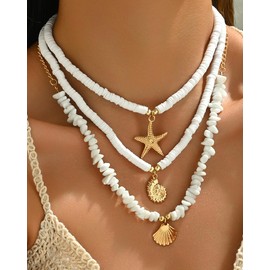 CLOORDE 3 Pcs Sea Shell Necklaces for Women White Puka Shell Necklaces Gold Shell Starfish Conch Pendant Necklaces Summer Boho Beads Choker Layered Beach Surfer Jewelry Accessories