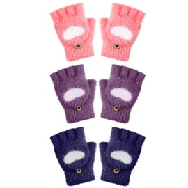Geyoga 3 Pair Heart Fingerless Gloves Convertible Flip Top Gloves Winter Half Finger Mitten for Boy Girl 5-10 Year(Purple, Navy Blue, Red,8-12 Years)