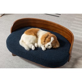 HomSof 26.77" Scandinavian Style Elevated Dog Cat Bed Pet Sofa with Solid Wood Legs and Bent Wood Back, Velvet Cushion with Walnut，Navy+Brown
