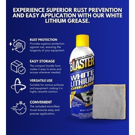 Blaster White Lithium Grease Spray 11 oz Bundle with Microfiber Cloth - Low-Odor Spray Grease for Auto Hinges, Gears & Hitches - Protects Against Moisture & Oxidation - (2 Items)