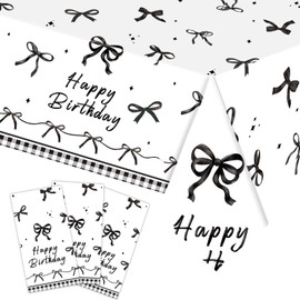 3-Pack 54 x 108 Inch Birthday Theme Plastic Tablecloth - Disposable Rectangle Table Cover with Happy Birthday Design and Bowknot Pattern for Birthday Party, Celebration, Festive Decorations (Black)