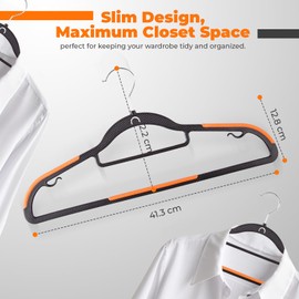 Cascading Slim Black Plastic Hangers 20 Pack, Inner Hook for Vertical Storage, Orange Non-Slip Pads, 360° Swivel, Tie Holder, Space Saving, Made in Turkey