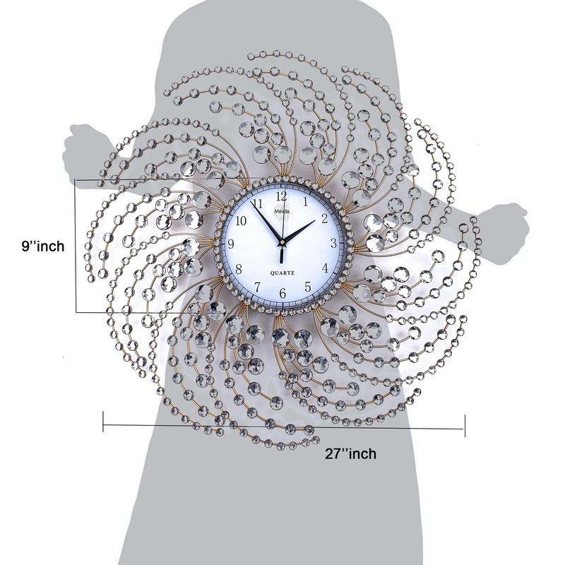 Large Wall Clock Handmade Crystals Decorative Gold Metal Framed