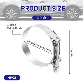 4PCS 3" T Bolt Hose Clamp Adjustable from 82-90mm,T Bolts Radiator Hose Clamps for Securing Various Hoses,Heavy Duty Hoses Clamps Car Accessories Suitable for 3" ID Pipes (3")