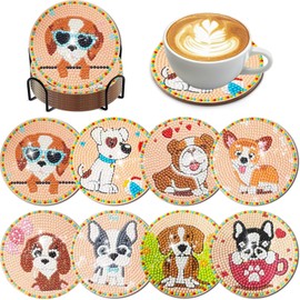 Leatrice 8PCS Diamond Art Coasters Holder Diamond Painting Kits for Adults Beginner Peinture Diamant Dots Gem Art Peinture Diamant Dot Cute Coaster for Drinks Coffee Bar Decor Table Décor Dog