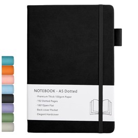 Beinushor Dotted Journal A5, Hard Cover Dotted Notebook with Premium 100 GSM Thick Paper, Inner Pocket, Elastic Banded, Faux Leather Cover, 192 Pages, 14.5X21.3 cm (Black)