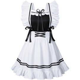 Classic French Maid Costume Apron Fancy Dress Cosplay Outfit Headwear Gloves Socks Set(BK S)