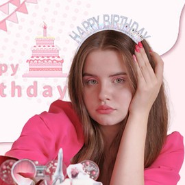 Outyua Birthday Crown Tiara Birthday Girl Headband Happy Birthday Gift Silver White Accessories for Women