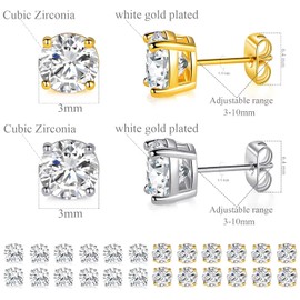 18K White Gold Plated 3-8mm Round Cubic Zirconia Stud Earring Pack of 6 Pairs (White and Yellow gold-4mm-12 pairs)