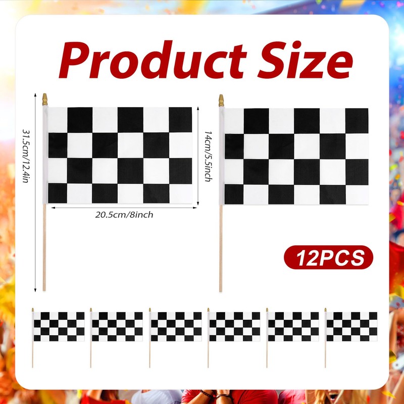 12pcs Racing Flags, 8x5.5in Small Mini Race Checkered on Sticks