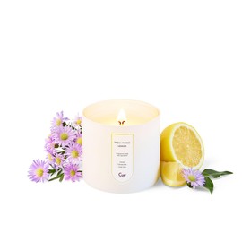 CUE Fresh Picked Lemon Scented Candle | Soy Coconut Wax Blend | Made in USA | 70 Hour Burn Time | 14oz White Color