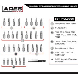 ARES 70009-33-Piece Security Bit Set with Magnetic Extension Bit Holder - Includes Tamper Resistant, SAE Hex, Metric Hex and Star Bits – Anti Tamper Bit Set Features Torq, Spanner, and Triwing Bits
