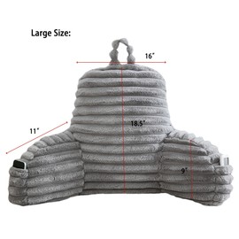 WERDIM Reading Pillow for Sitting in Bed, Faux Fur Back Pillow for Bed Rest, Bed Chair Pillow with Arms and Pockets(Large, Grey)