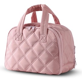 HFLZBRO Travel Toiletry Bag – Lightweight Puffy Makeup Bag for Women, Large Wide-open Cosmetic Organizer with Dry-Wet Separation, Luggage Strap & Handle for Easy Travel, Gym, Essentials (PINK)