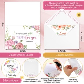 Humyoun 24 Pack Religious Thank You Card for Minister Christian Ministry Appreciation Greeting Card with Scripture 24 Envelopes Stickers for Pastor Church Volunteers Baptism(Flower)