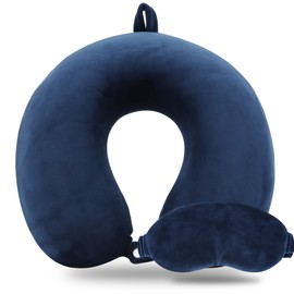 Pure Memory Foam Travel Pillow Set for Adults - Comfortable & Removable Machine Washable Cover, Neck Support Pillow Airplane Travel Kit with Eye Mask for Portable Plane Accessories -Dark Blue