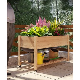 GarveeHome Raised Garden Bed with Legs 48x24x30in, Mobile Elevated Wooden Raised Planter Box with Wheels, Storage Shelf, Outdoor Standing Growing Bed for Vegetables, Flower, Herbs