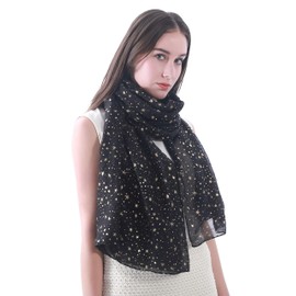 Lina & Lily Sparkle Foil Star Print Women's Scarf Shawl Wrap, Shimmer Silver Gold Glitter Lightweight Gift Party (Black-Gold Stars)