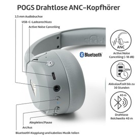 POGS Drahtloser Bluetooth Over-Ear Noise Cancelling-Kopfhörer | The Turtle | Faltbarer robuster Kopfhörer | Lautstärkebegrenzung 85 dB, Mikrofon | Kabellose Musik-Sharing-Funktion (rGrau)