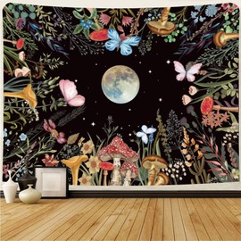 Simpkeely Moon Garden Wall Hanging Mushroom Moonlit Floral Tapestry Butterfly Plant Poster Country for Bedroom Dorm Living Room - 59 x 80 Inches