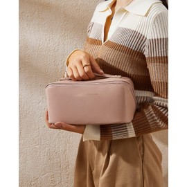 Travel Makeup Bag, XICEN Large Capacity Cosmetic Bags for Women, Waterproof Portable Pouch Open Flat Toiletry Bag, Make up Organizer with Divider and Handle (Pink)