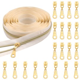 YAKA 5 Yards Bulk Beige Nylon Zippers 5# Gold Metallic Coil Zippers with 20pcs Gold Zipper Sliders Repair Kit for Jackets Luggage Backpack DIY Sewing Tailor Craft Bags and Clothing