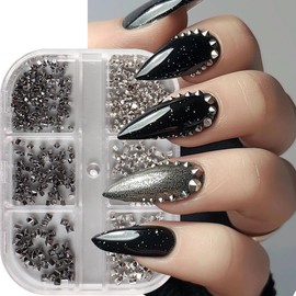 Nieten Nail Charms, 1 Boxen 6 Fächer Nagel Charms Silber Schwarze Niete, Charms Nägel Nailart con Spitz Niet, Süße und Coole Kegel Nieten Nail Art Zubehör Set für Mädchen Frauen für DIY Dekoration