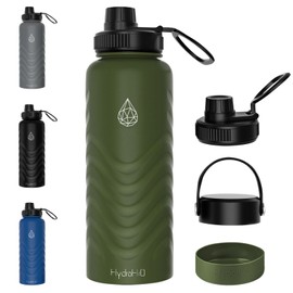 HYDRO H2O - Botella de agua aislada de 24 onzas, botellas de agua verdes con popote (tapa de popote y tapa de boquilla) y mango de silicona y bota, botellas de agua de acero inoxidable de boca ancha,