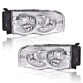 G-PLUS Headlights Assembly, Compatible with Dodge Ram 1500 2500 3500 2002 2003 2004 2005 Bumper Headlamps, Clear lens Chrome Housing Clear Reflector