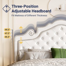 Allewie Queen Bed Frame with Adjustable Velvet Tiara Headboard, Upholstered Diamond Button Tufted Platform Bed, Wood Slats Support, No Box Spring Needed, Mattress Foundation, Easy Assembly, White