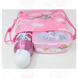 damaloo Unicorn Children's Backpack Set for Girls - Lunch Box, Water Bottle & Gym Bag - 3-Piece Nursery Backpack Set - Children's Bento Lunch Box with Aluminium Bottle and Change Bag Children