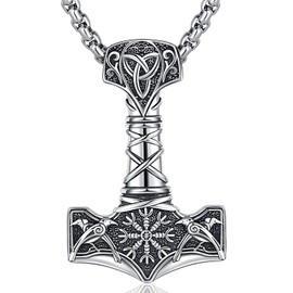 Thor's Hammer/Odin/Valknut/Vegvísir/Crow/Viking Necklace 925 Sterling Silver Viking Pendant Chain Amulet Jewellery Gifts for Men and Women, Sterling Silver, No Gemstone