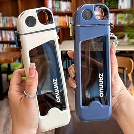 Flip-top straw square plastic water bottle 12oz, food-grade cup body pc and lid pp, BPA-free, duckbill design, silicone seal, one-button lid opening, square mouth, convenient nylon carrying ring Drinkware Mug - Color: Pink