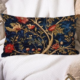 MISSUYSA Chinoiserie Pillow Cover Navy Blue Floral Botanical Lumbar Support Pillow Case Asian Chinese Decorative Pillow Home Cotton Linen 16x24 Traditional Pillowcase for Sofa Couch Bed Chair Car