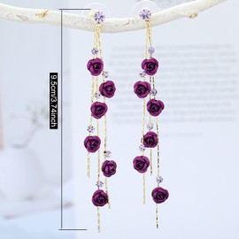 SLSF Elegant Chic Long Shine Tassel Chain Red Purple Rose Flower Dangle Drop Stud Earrings with White Sparkly Crystal for Women Statement Jewelry Gifts (Purple)