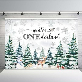 MEHOFOND 7x5ft Winter Onederland Backdrop Kids 1st Birthday Photography Background Winter Wonderland Silver Snowflake Pine Tree Deer 1st Birthday Party Decorations Banner Photo Booth Props