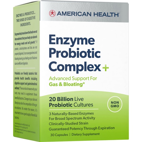 American Health Enzyme Probiotic Complex Plus, 20 Billion Microorganisms - Clinically Studied Strain - Advanced Support for Gas & Bloating* - Non-GMO - 30 Capsules, 30 Total Servings