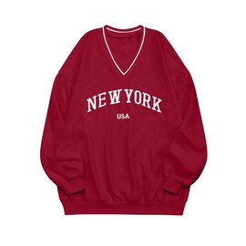 Remidoo Womens New York Embroidered V Neck Sweatshirt Oversized Long Sleeve Pullover Top Red Small