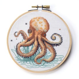 Generic Counted Easy Cross Stitch Kits Octopus Color Stamped Embroidery for Starter Kits DIY 11CT Stamped Patterns Embroidery Needlework Kit Supplies 12 Inch Hoop Included(61-L), ZGF-XIUPE 972ADK60