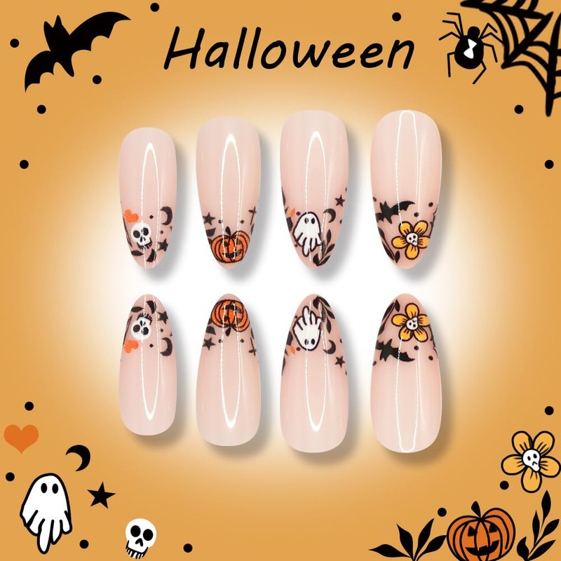 Halloween Press on Nails Medium Almond 3D Fake Nails Cute