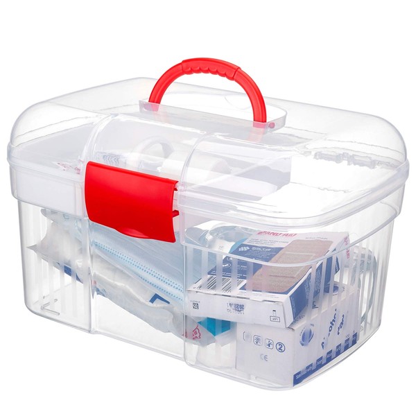 Red First Aid Clear Container Bin/Family Emergency Kit Storage Box w/Detachable Tray - MyGift®