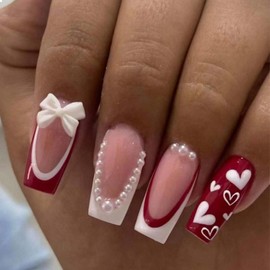 GlamRays Pack of 24 French Tip Press On Nails with Charms, Medium False Nails, Red White French Nails, Nail Press-Ons, Adorable Bow, Acrylic Nails, Heart Nails