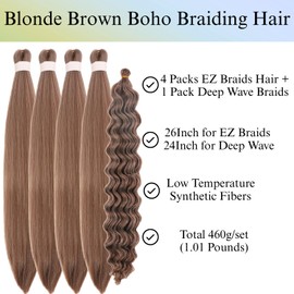 Blonde Brown Braiding Hair Pre stretched for Boho Braids Deep Wave Curly Braiding Hair Extensions for Bohemian Braids Hypoallergenic Synthetic ez Braid