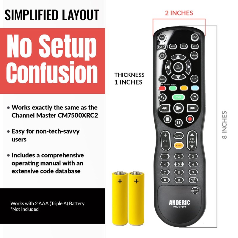 ANDERIC RRCM7500 for Channel Master DVR Remote Control CM7500XRC2 Replacement