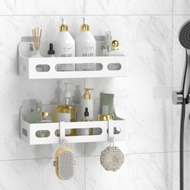 WQYWJOY Shower Caddy Adhesive, No Drill Bathroom shower Organizers, with Removable Hooks, Rust Proof Shower Shelves, Self Adhesive Black Bathroom Shelves Basket Home Farmhouse Wall Inside Organization