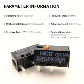 NoirVogel D2FC-F-K 60M Mouse Micro Switch (4pcs, Black-Red Dot), 0.74N, 60 Million Clicks for Gaming Mouse